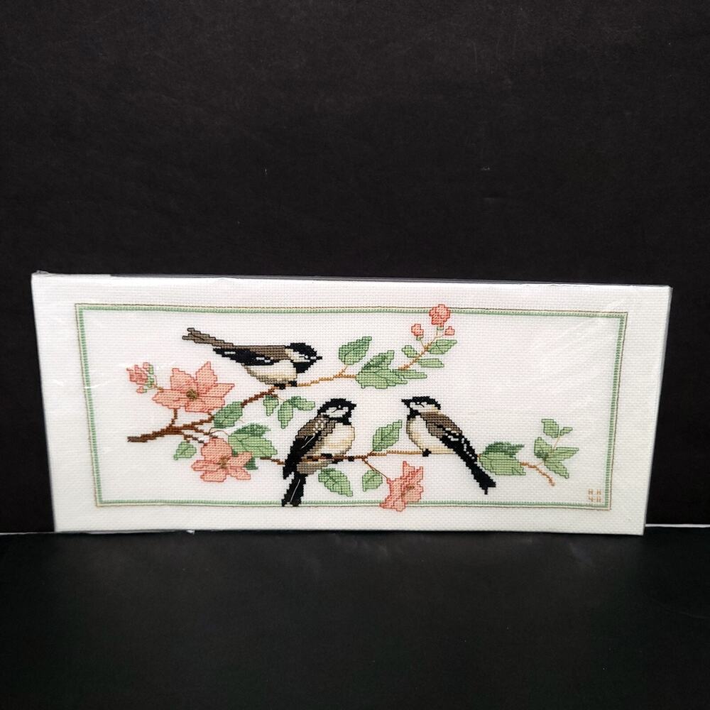 Handmade Cross Stitch Chickadee Birds Pink Flowers Floral Cottagecore Needlework